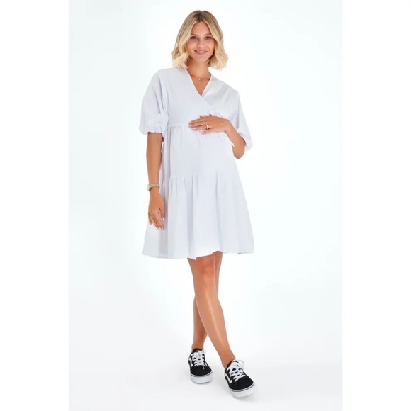 Accouchee Women’s S/M White Tie Waist A Line Wrap Maternity Nursing Dress - Picture 1 of 11